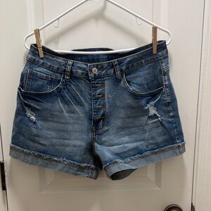 Women's Mid-Rise Distressed Denim Shorts - Blue